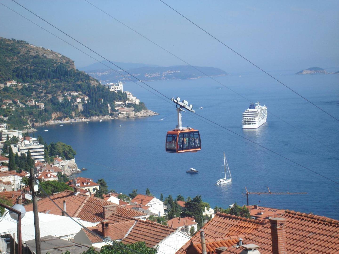 Dubrovnik cable car crossing above the bay, with Lokrum behind